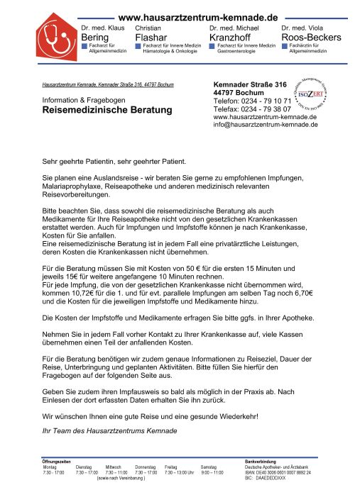 Reiseimpfberatung Info + Fragebogen Bochum Hausarztzentrum